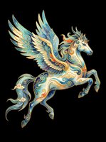 Ornate winged horse with decorative swirls and patterns in gold, teal, and blue tones, isolated on transparent background ready for t-shirts, stickers, and print-on-demand designs.
