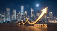 Glowing upward arrow with growth trend text on wooden surface against blurred city skyline at night, representing business success and financial progress.