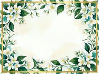 Watercolor jasmine floral frame with white blooms and green leaves on a soft background, perfect for wedding invitations and greeting cards.