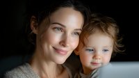 Young Caucasian mother and toddler daughter with blue eyes share tender moment in soft natural light against dark background, expressing family bonding and maternal love.