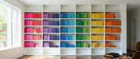 Modern home library with rainbow organized books arranged by color creating vibrant wall display in contemporary living room interior design.