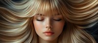 Young woman with flowing blonde hair, closed eyes, and freckles against dark background. Natural makeup with coral lips and serene expression.