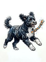 Black and white terrier mix playing with orange rope toy, isolated on white background. Cheerful dog illustration for pet product design, greeting cards, and children's book artwork.