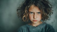 Young Caucasian girl with messy curly hair showing angry frustrated expression wearing gray sweater against neutral background for emotional concepts.