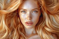 Beautiful young woman with flowing strawberry blonde hair, natural freckles, and bright blue eyes in artistic beauty portrait. Perfect for cosmetic advertising and fashion media.