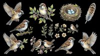 Sparrows clipart set isolated on transparent background, featuring birds on branches, nest with eggs, feather and floral elements, ready for stickers, t-shirt design, print on demand.