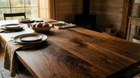 Rustic wooden dining table set with white plates, black chargers, and linen runner in warm, natural light from windows for home decor.