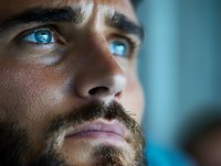 Close up portrait of Middle Eastern man with bright blue eyes and beard looking up thoughtfully against turquoise background, dramatic lighting highlights facial features.