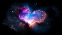 Cosmic heart-shaped nebula with vibrant pink and blue gas clouds against starry space background for astronomy and science projects.