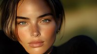 Young woman with freckles and striking blue eyes in warm golden sunlight, natural makeup, glowing skin and brown hair, looking directly at camera with serene expression.