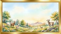 Deer and elk grazing in mountain valley landscape with golden frame border, wildlife scenery for nature wall art and home decor.