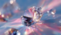 Sparkling diamond with pink and blue light reflections creating prismatic effect on luxury jewelry background, perfect for high-end retail advertising.