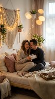 Happy young couple sharing intimate moment with gift in cozy boho bedroom decorated with fairy lights and macrame wall hanging during romantic evening.