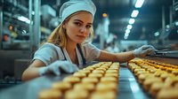 Young female food production worker in protective uniform inspecting rows of freshly baked cookies on industrial conveyor belt in modern factory facility.