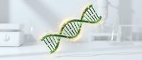 DNA double helix structure with green and white strands floating in modern laboratory setting for genetic research and biotechnology applications.