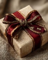 Elegant gift wrapped in natural burlap with luxurious burgundy and gold ribbon bow, perfect for holiday celebrations or special occasions.
