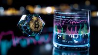 Cryptocurrency trading analysis with holographic coin and financial charts on transparent display against blurred city lights background for investment presentations.