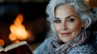 Elegant senior Caucasian woman with silver hair reading book by fireplace, cozy winter evening at home, mature lifestyle and leisure activities.