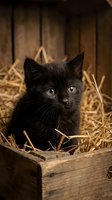 Adorable black kitten with blue eyes sitting in wooden crate filled with straw in rustic barn setting for pet adoption campaigns and animal welfare content.
