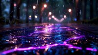 Wet asphalt reflecting neon city lights during rain with purple and blue reflections creating magical urban atmosphere at night. Blurred bokeh background.