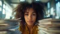 Young African American woman with natural curly hair and confident expression wearing mustard yellow top against blurred urban background with dynamic motion effect.