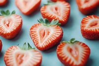 Fresh ripe strawberry halves arranged in rows showing vibrant red flesh and detailed internal pattern against soft turquoise background, macro food photography.