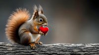 Adorable red squirrel holding small red heart while sitting on tree branch against blurred dark background. Wildlife romance concept for Valentine's day cards and nature photography.