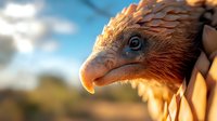 Close-up portrait of pangolin with scaly armor and distinctive snout against blurred natural background with blue sky, showcasing endangered wildlife species.