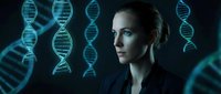 Scientist woman with DNA strands in futuristic laboratory environment, representing genetic research, biotechnology, and scientific innovation for medical and educational use.