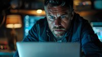 Intense middle-aged Caucasian man with stubble working late at laptop in dark room, illuminated by blue screen glow, creating dramatic cybersecurity atmosphere.