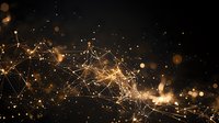 Golden network of connected dots and lines with glowing particles against dark background, representing digital technology and connectivity.