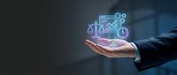 Businessman hand presenting holographic legal and financial icons including scales of justice, graphs, and clock for professional consulting services.