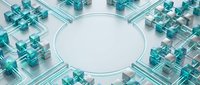 Network of translucent teal cubes connected by glowing lines around central white circle for technology and data visualization concepts.