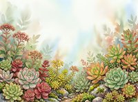 Watercolor succulent garden border with colorful plants and soft pastel background for botanical design projects and nature-themed decorations.