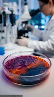 Colorful bacterial culture growing in petri dish with scientist researcher working in modern laboratory background for microbiology research and testing.