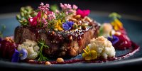 Gourmet grilled steak garnished with colorful edible flowers and herbs on elegant plate. Fine dining restaurant presentation for culinary marketing.