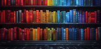 Colorful rainbow arrangement of books on wooden library shelves, spines creating spectrum from red to blue, dramatic lighting highlights vintage collection.