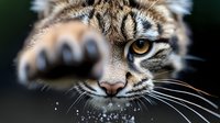 Close up portrait of wild cat face with extended paw and sharp claws, amber eye in focus, dramatic lighting creates mysterious mood. Macro photography shows detailed fur.
