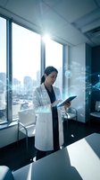 Female Asian doctor using digital tablet with holographic data displays in modern medical office with city skyline view for healthcare technology concepts.