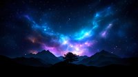 Stunning cosmic aurora borealis dancing over mountain silhouettes with vibrant blue and purple nebula clouds in starry night sky for astronomy backgrounds.