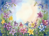 Watercolor floral frame with colorful columbine flowers in purple, yellow, pink and white on a soft pastel background with copy space.