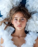 Young Caucasian woman with natural makeup and brown hair lying among white delicate fabric flowers on dark blue background, dreamy romantic portrait with soft lighting.