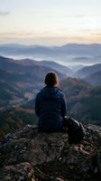 Woman with long reddish-brown hair wearing dark blue jacket sitting on rocky outcrop overlooking misty mountain valley at sunrise, contemplative travel and hiking concept.