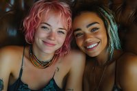 Close up portrait of two diverse young women with colorful dyed hair smiling at camera, showing genuine friendship and joy in casual setting with warm lighting.