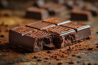 Dark chocolate bar broken in pieces showing rich texture and layers with cocoa powder scattered on rustic surface, macro food photography in warm tones.