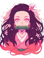 Anime style portrait of young woman with bamboo muzzle, long flowing dark hair with pink gradient ends, surrounded by cherry blossom petals in pink and red tones.