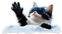 Cool cat wearing blue sunglasses waving paw from snow drift, white and black fur, playful winter scene on isolated background for creative design projects.