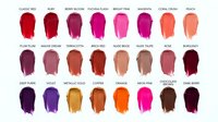 Colorful lipstick swatches palette showing various shades from classic red to nude pink coral purple orange brown isolated on white background.