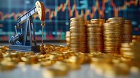 Oil pump jack and stacks of golden coins against financial chart background, representing petroleum industry profits and commodity trading market.