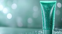 Turquoise glitter gel tube on sparkly background with bokeh lights, cosmetic product photography for beauty and skincare advertising and packaging design.
